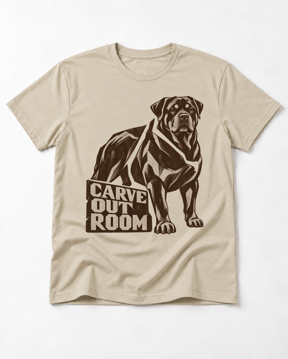 Carve Out Room for Rottweiler T-Shirt in Sand, flat lay product photo