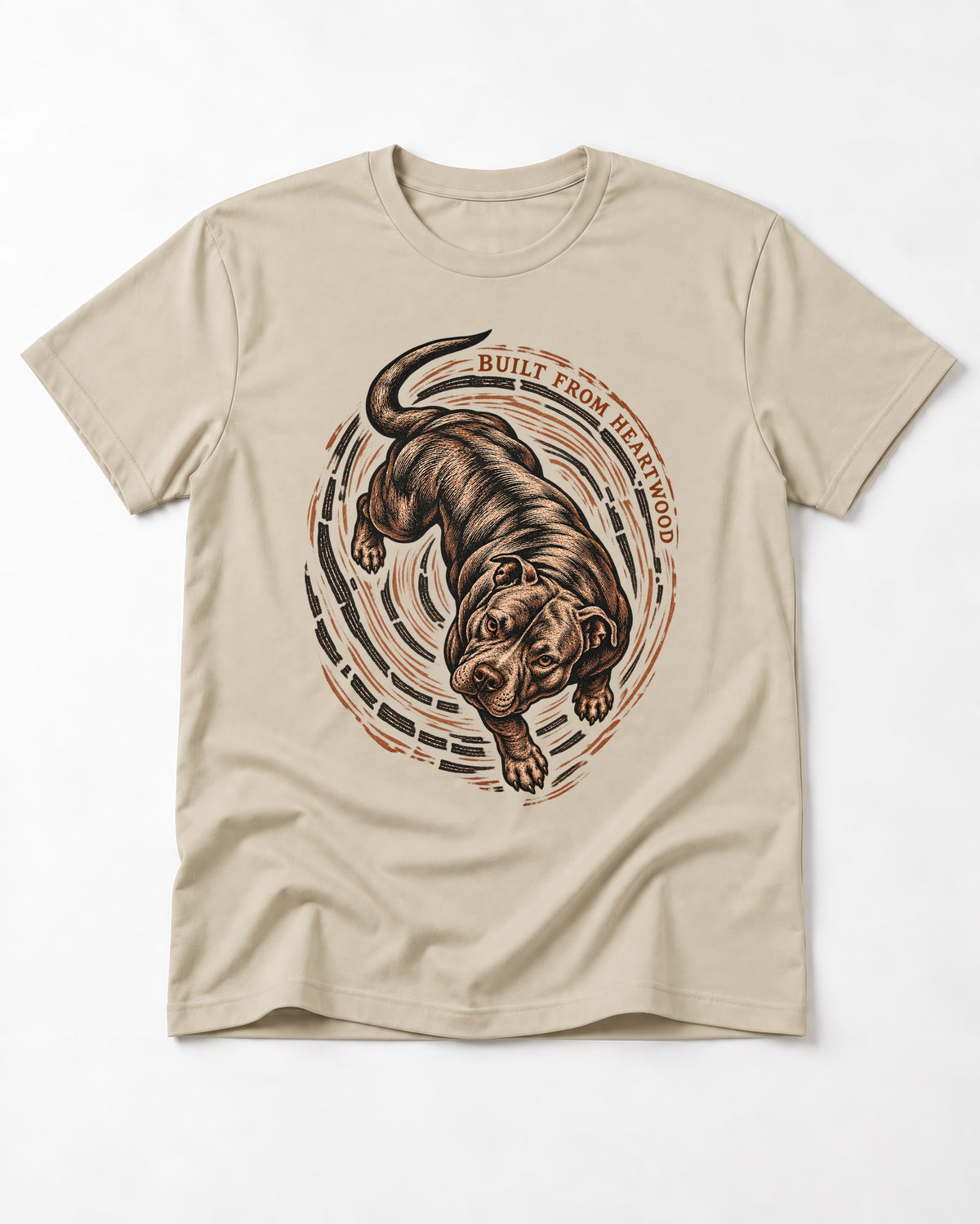 Pitbull Built From Heartwood T-Shirt in Sand, flat lay product photo