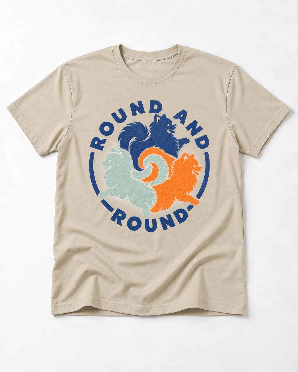 Pomeranian Round and Round T-Shirt in Sand, flat lay product photo