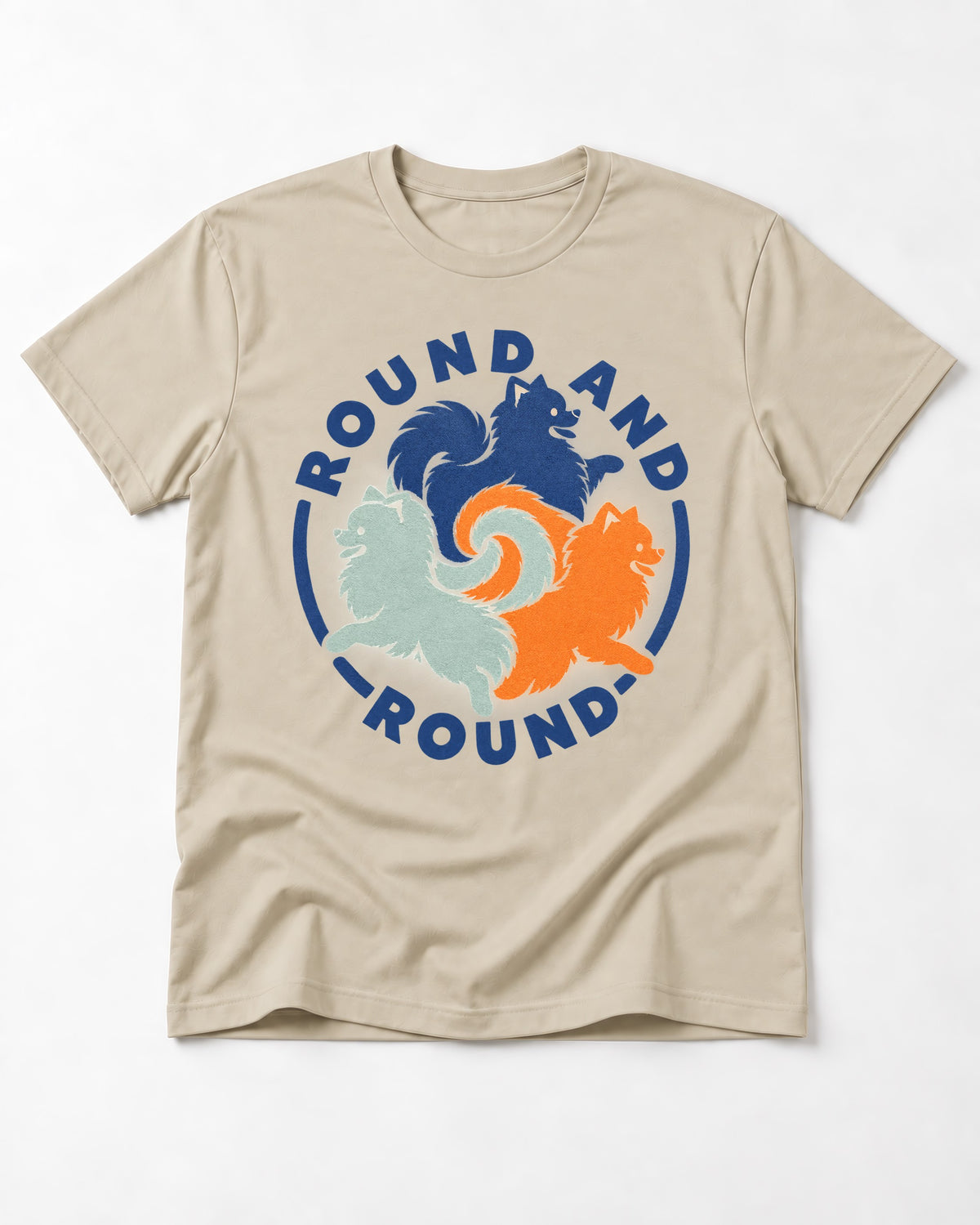 Pomeranian Round and Round T-Shirt in Sand, flat lay product photo