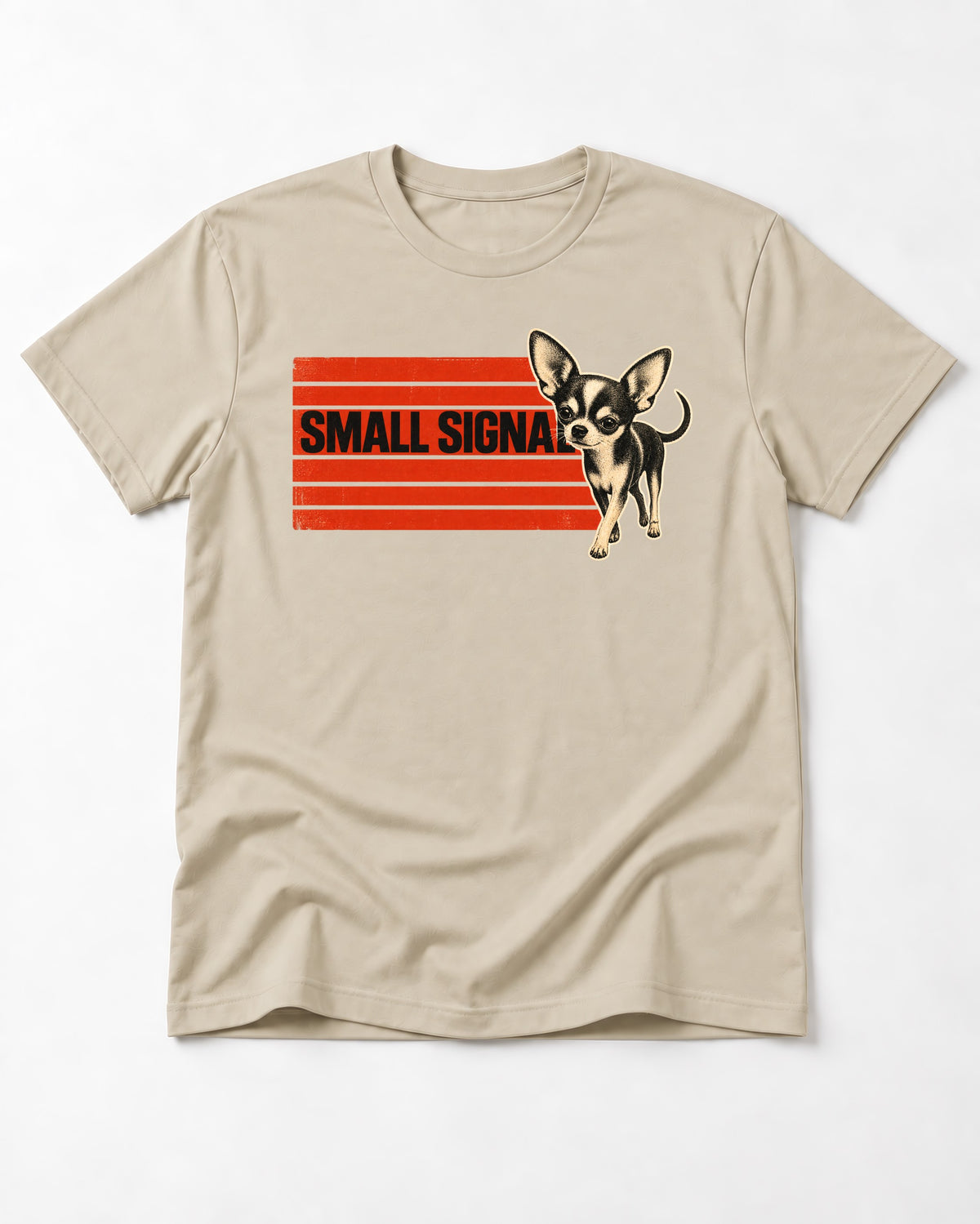 Small Signal Chihuahua T-Shirt in Sand, flat lay product photo
