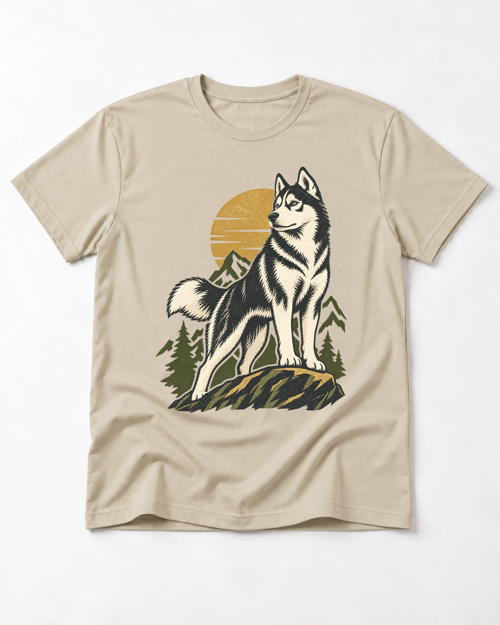 Husky Born to Roam T-Shirt in Sand, flat lay product photo