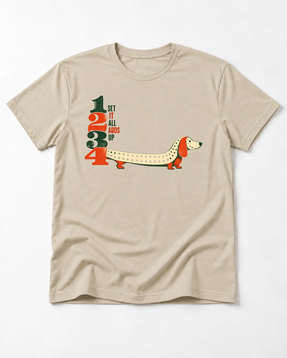 Dachshund Adds Up T-Shirt in Sand, flat lay product photo