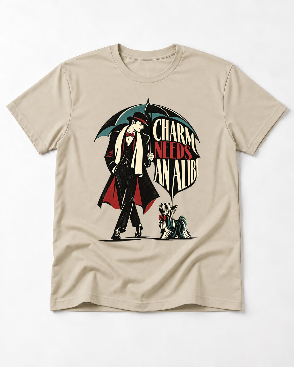 Charm Needs an Alibi Yorkshire Terrier T-Shirt in Sand, flat lay product photo