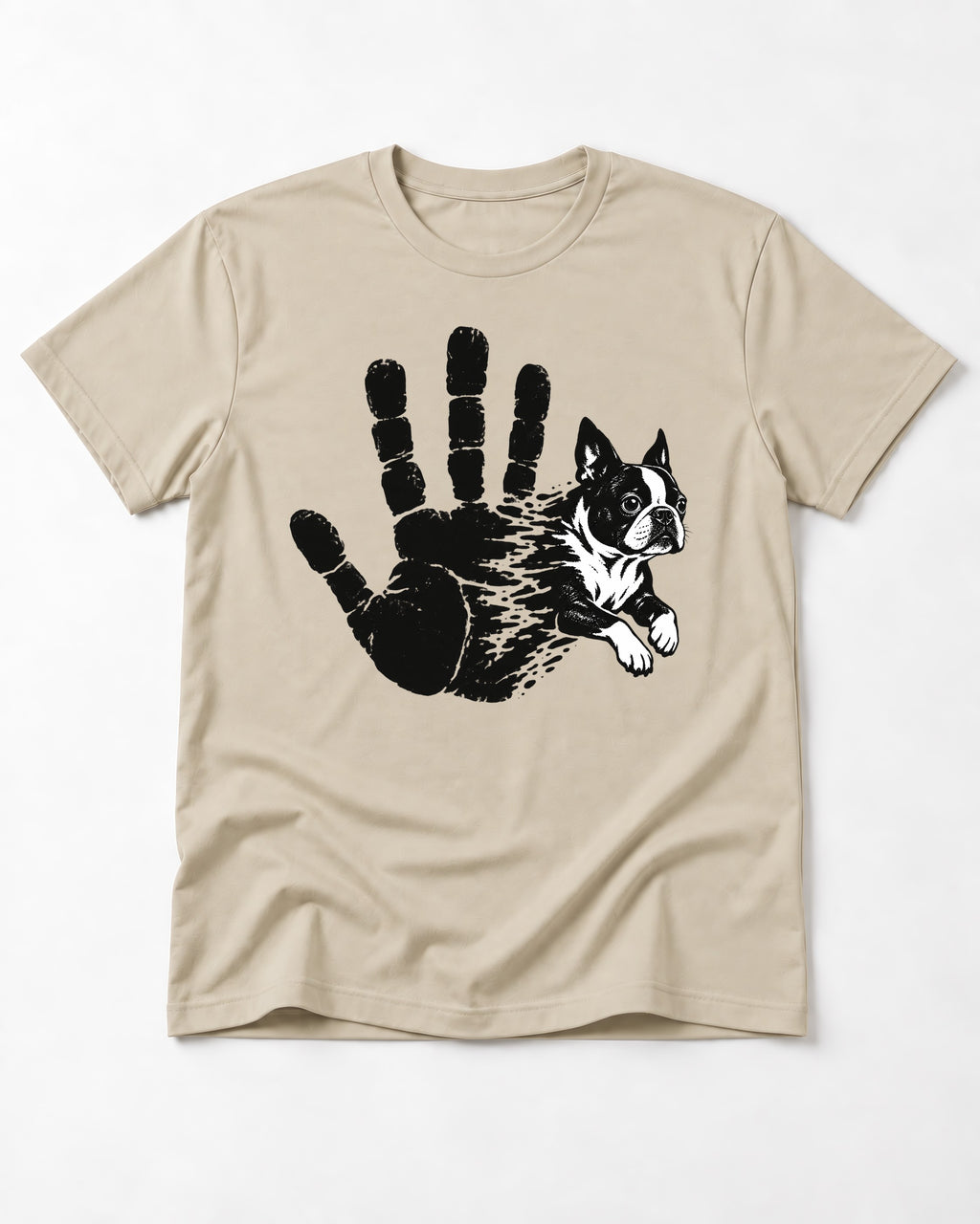 Boston Terrier High Five T-Shirt in Sand, flat lay product photo