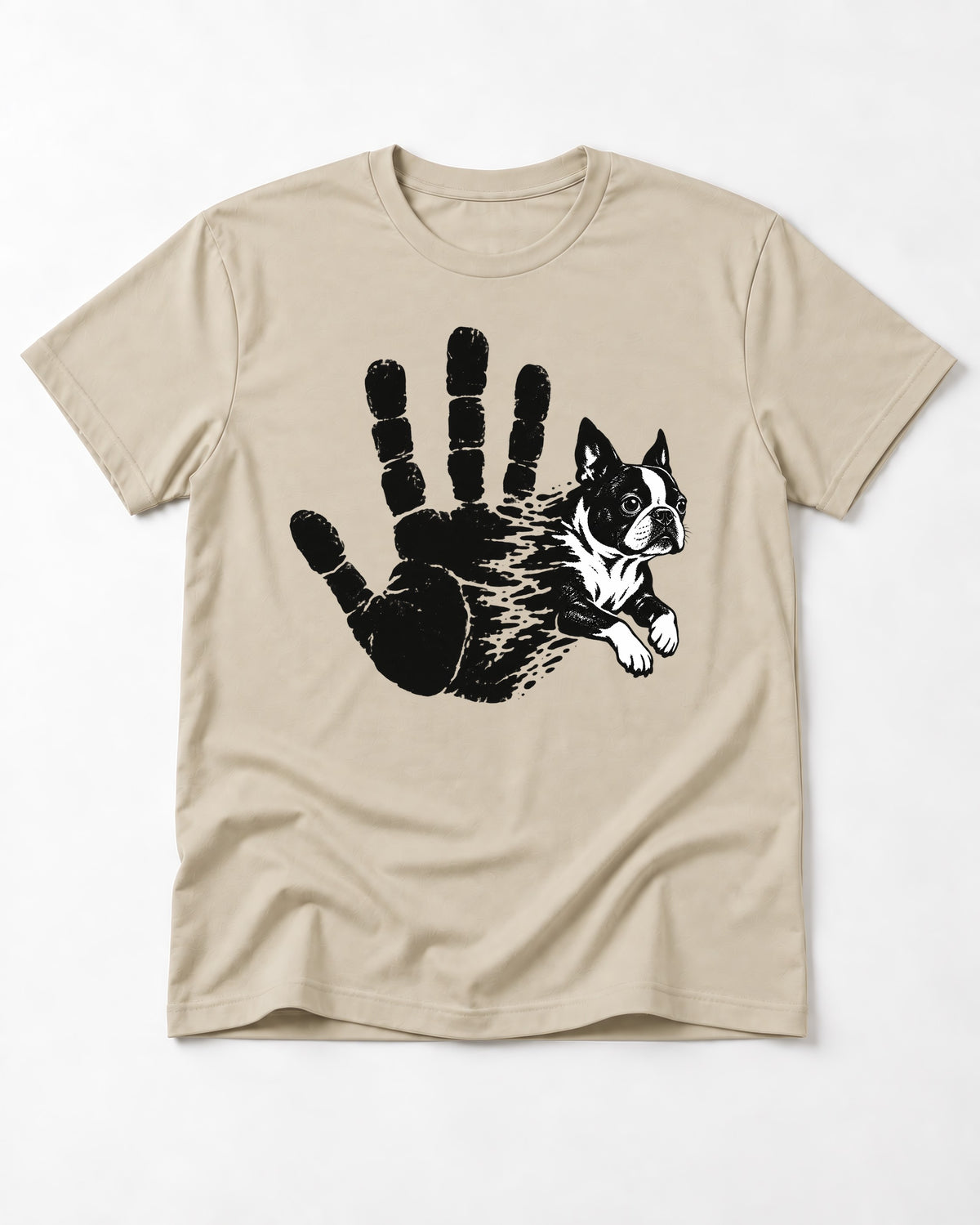 Boston Terrier High Five T-Shirt in Sand, flat lay product photo