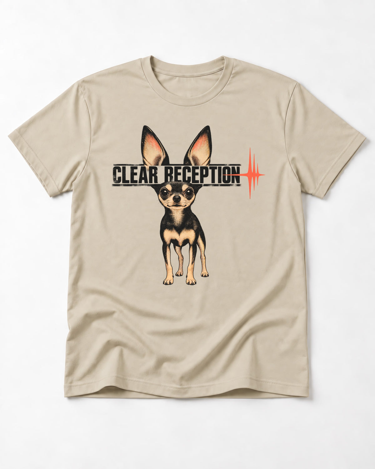 Chihuahua Clear Reception T-Shirt in Sand, flat lay product photo