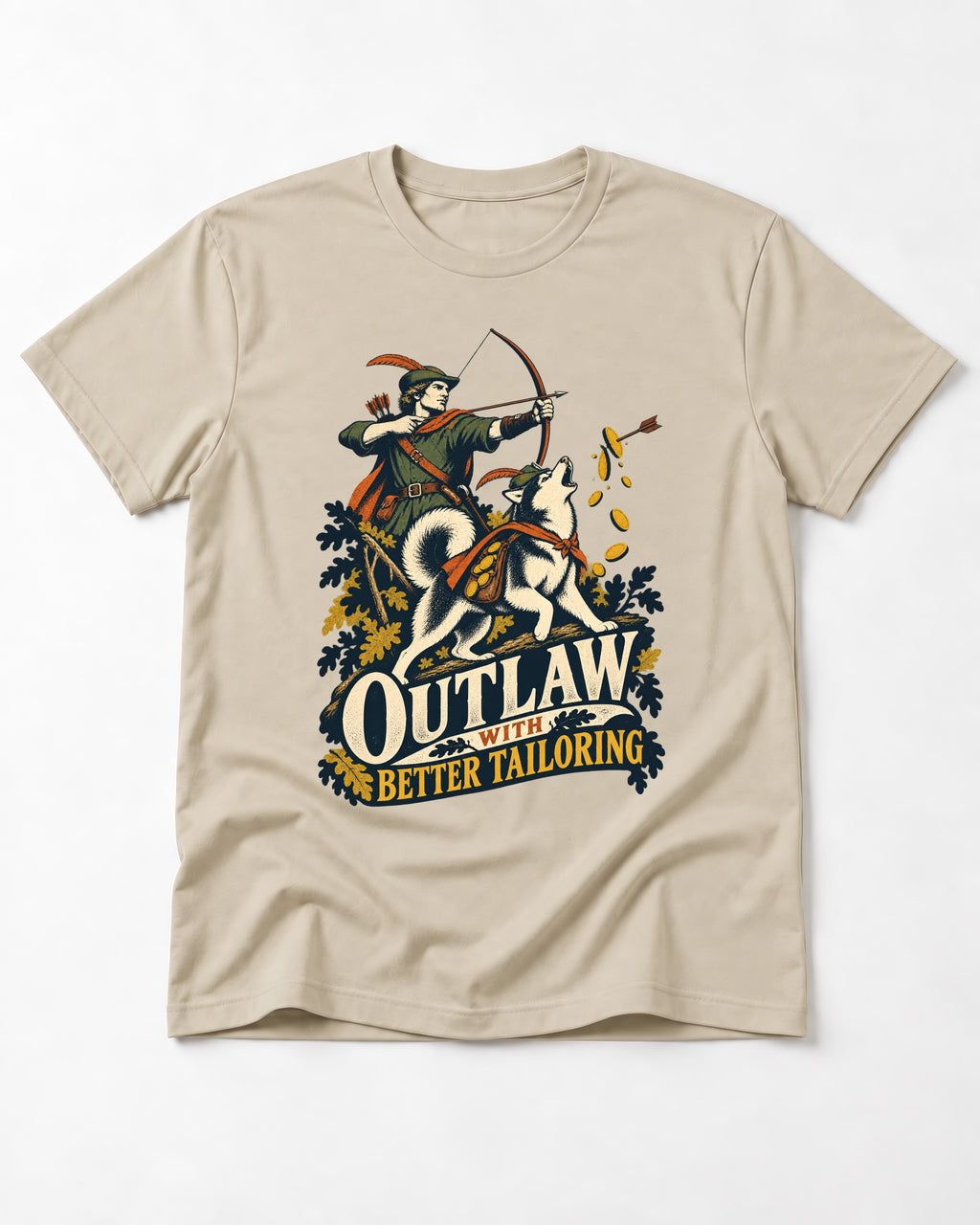 Husky Outlaw with Better Tailoring T-Shirt in Sand, flat lay product photo