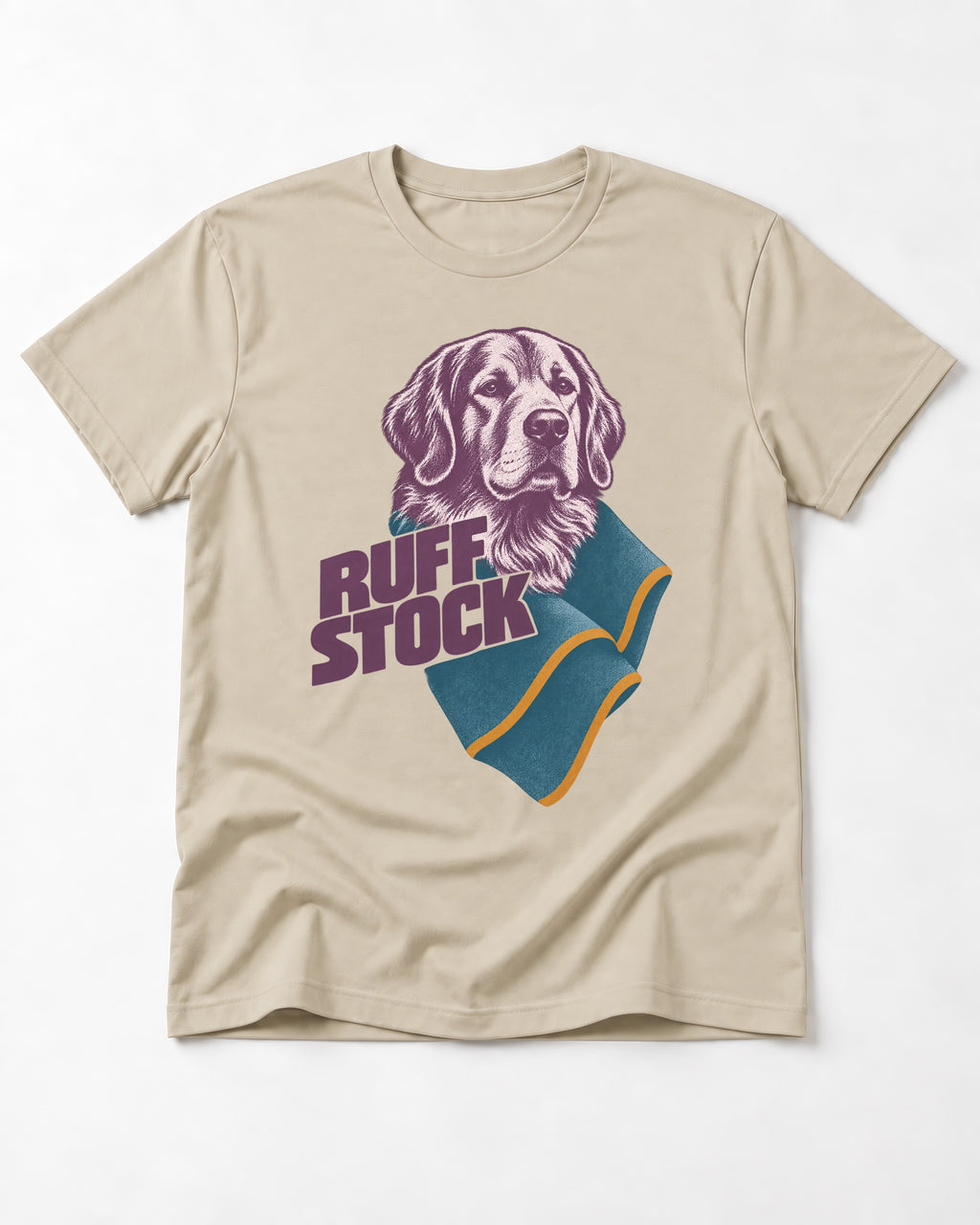 Golden Retriever Ruff Stock T-Shirt in Sand, flat lay product photo