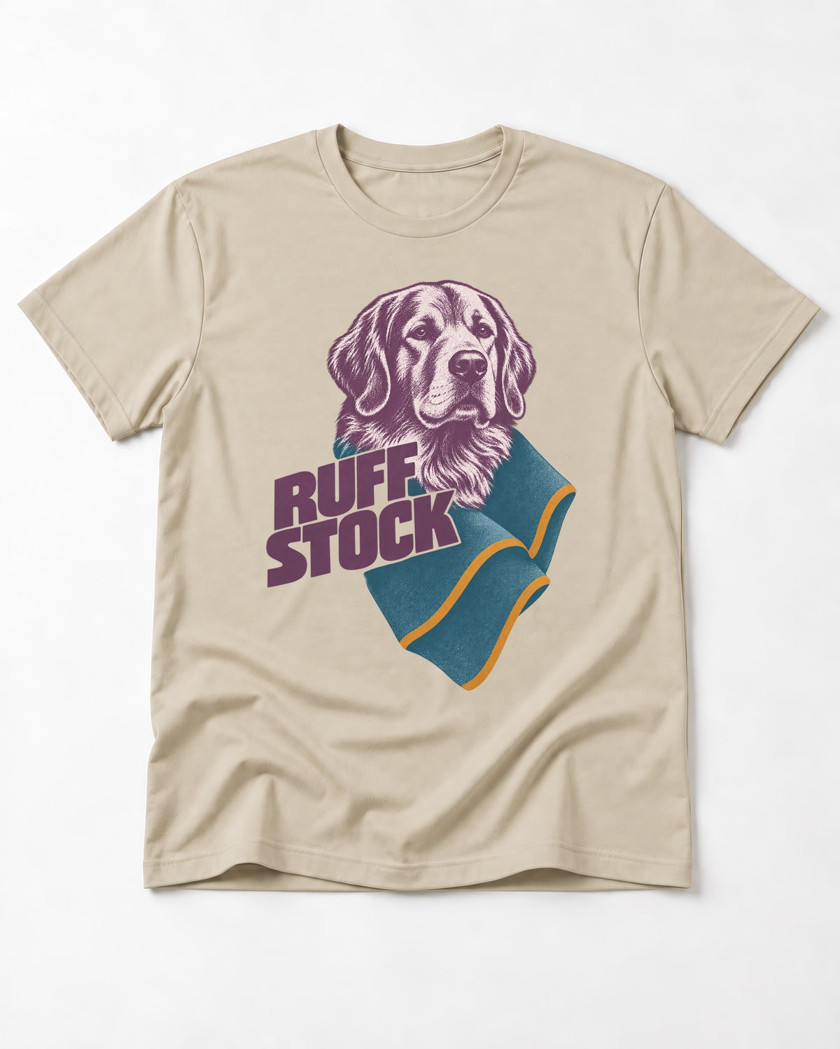 Golden Retriever Ruff Stock T-Shirt in Sand, flat lay product photo