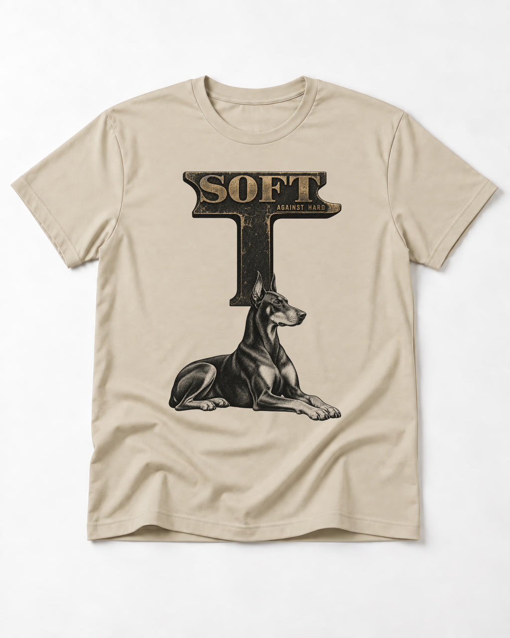 Soft Against Hard Doberman T-Shirt in Sand, flat lay product photo
