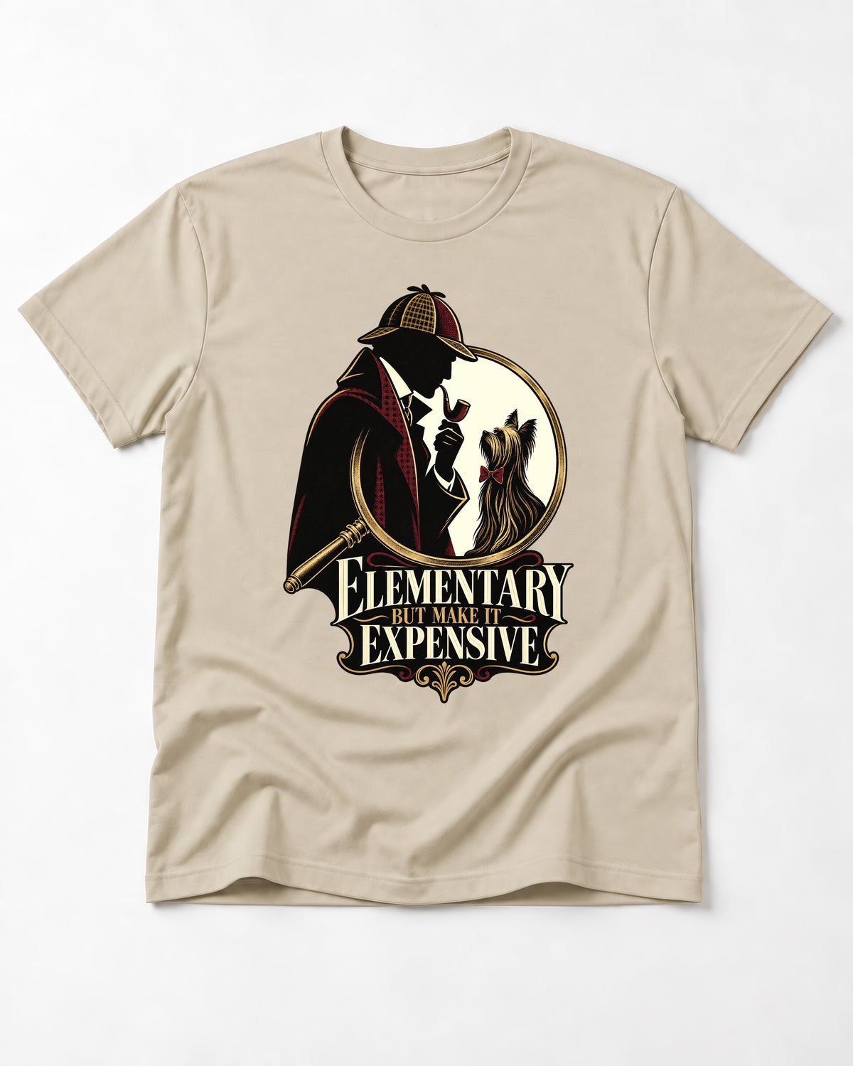 Elementary but Expensive Yorkshire Terrier T-Shirt in Sand, flat lay product photo