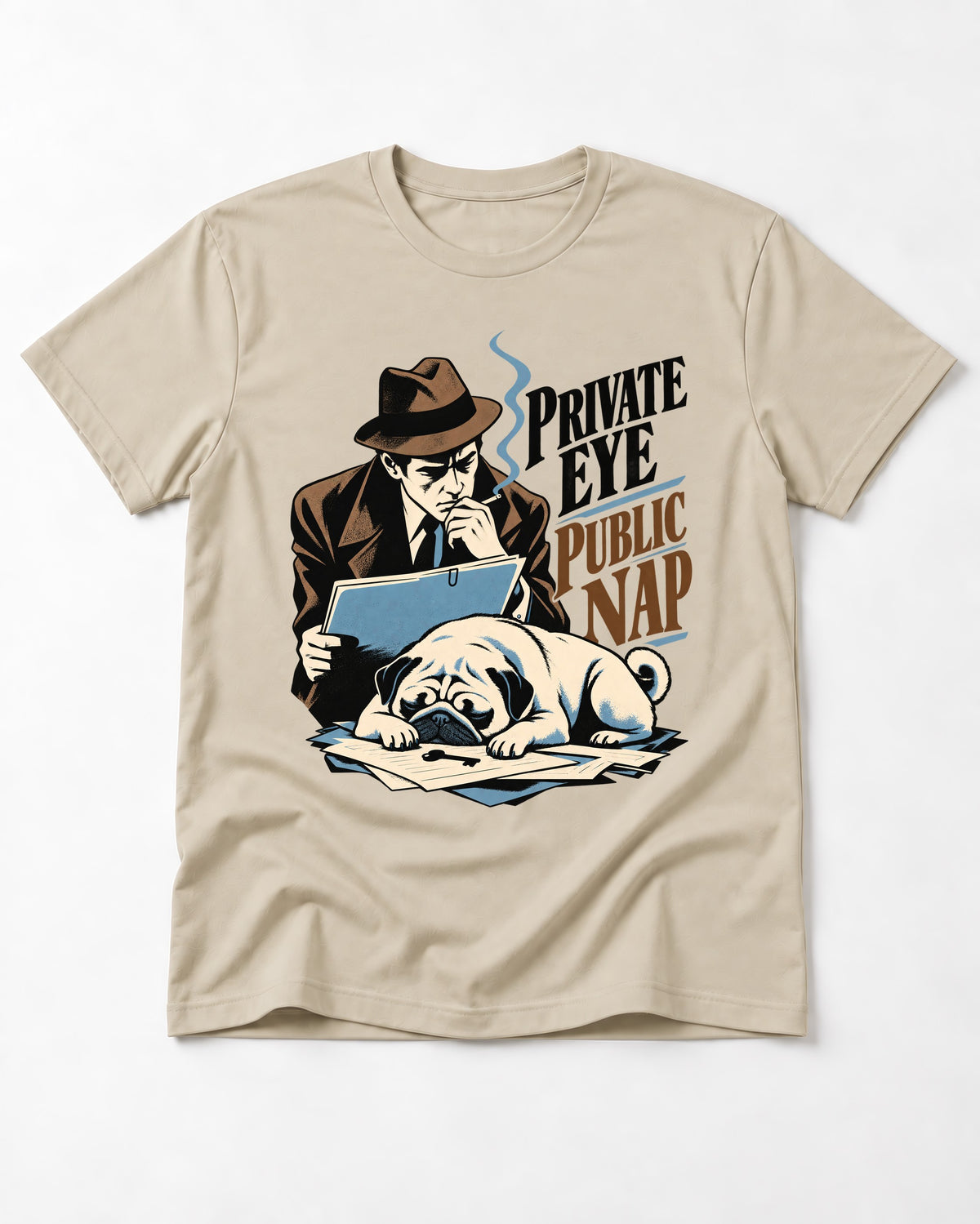 Pug Private Eye Public Nap T-Shirt in Sand, flat lay product photo