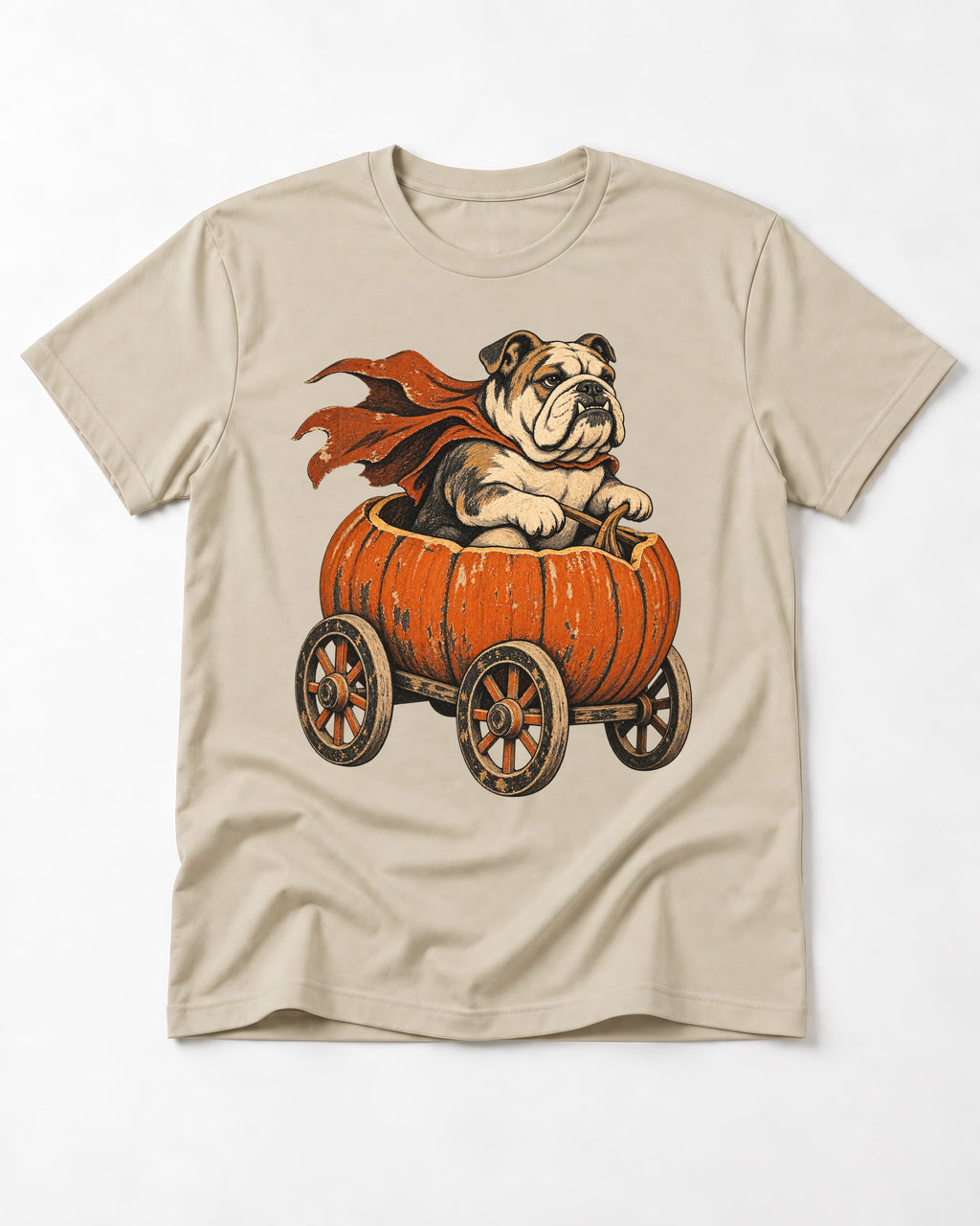 English Bulldog Midnight Magic T-Shirt in Sand, flat lay product photo