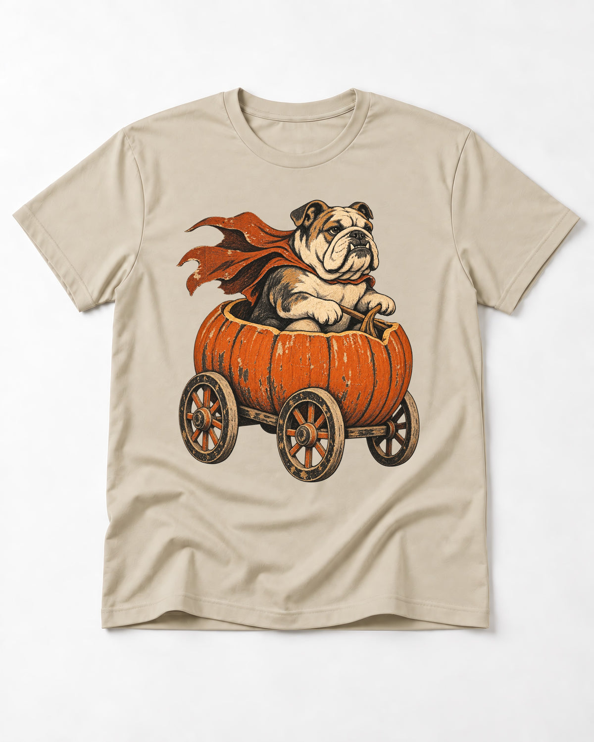 English Bulldog Midnight Magic T-Shirt in Sand, flat lay product photo