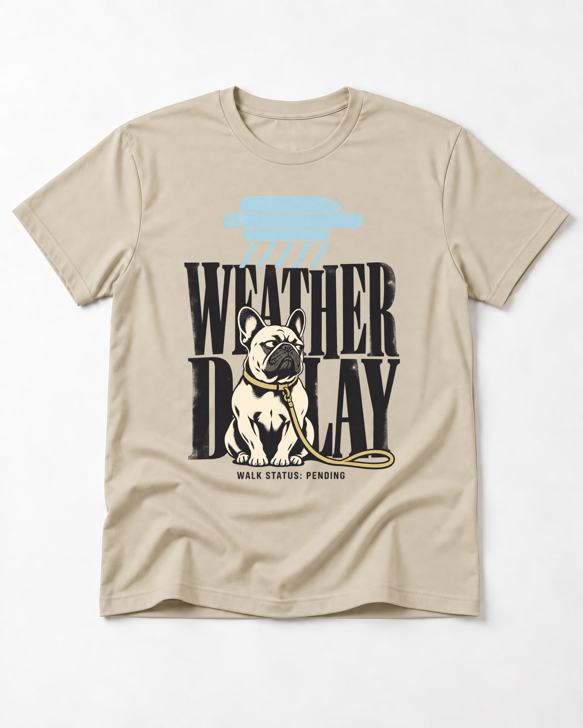 Frenchie Weather Delay T-Shirt in Sand, flat lay product photo