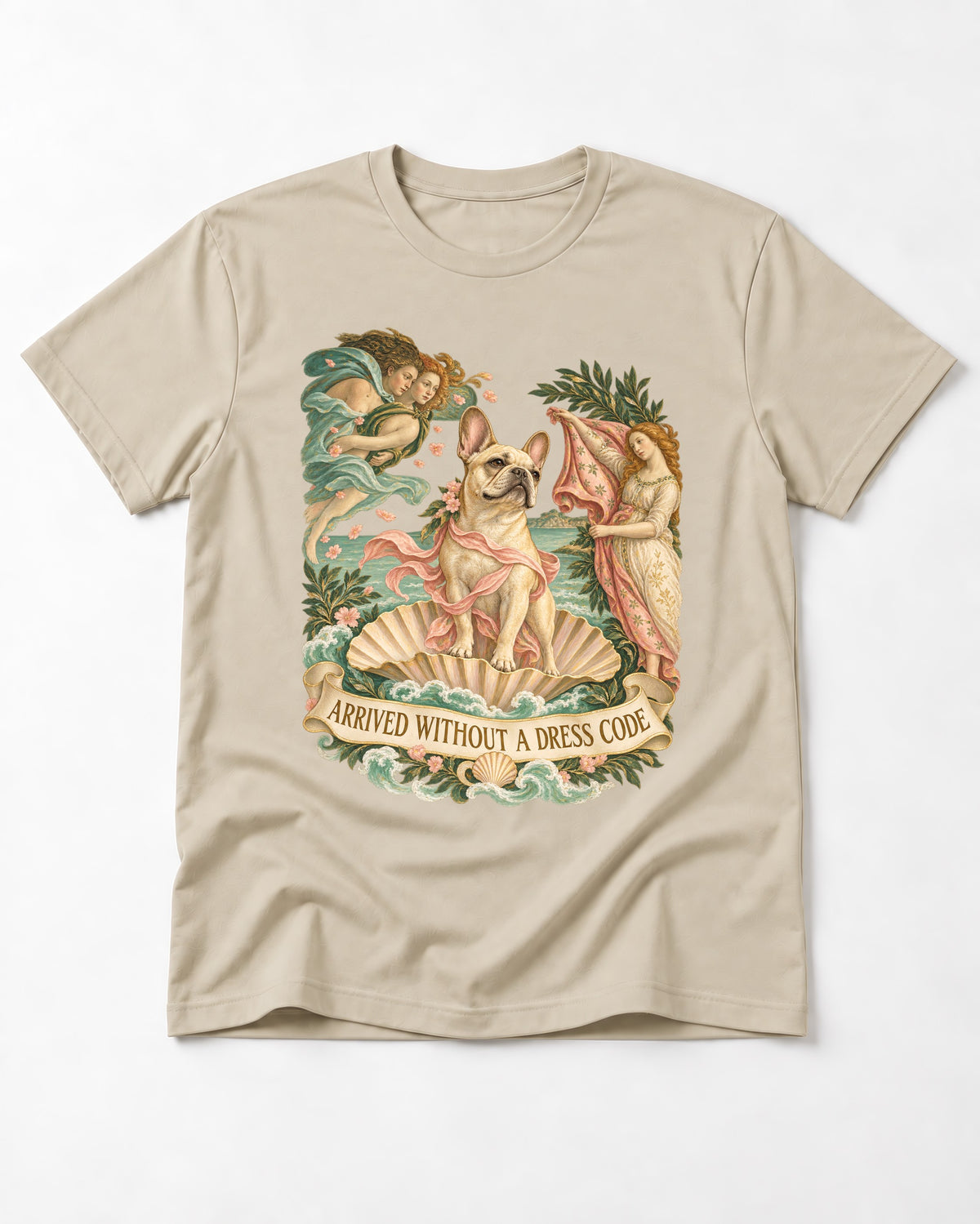 Frenchie Without a Dress Code T-Shirt in Sand, flat lay product photo