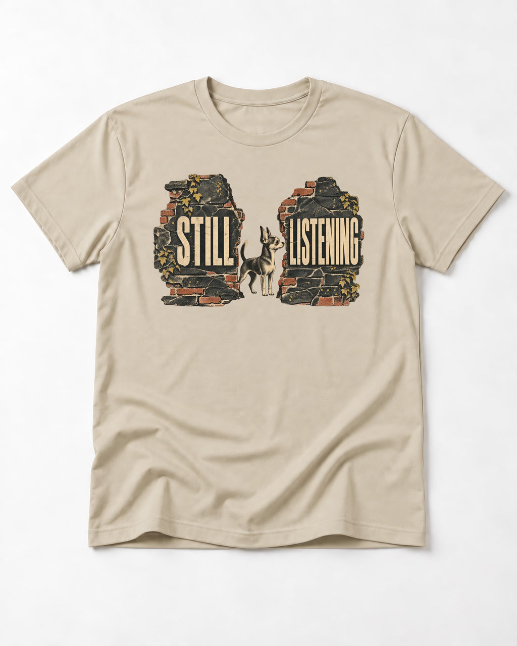 Chihuahua Still Listening T-Shirt in Sand, flat lay product photo