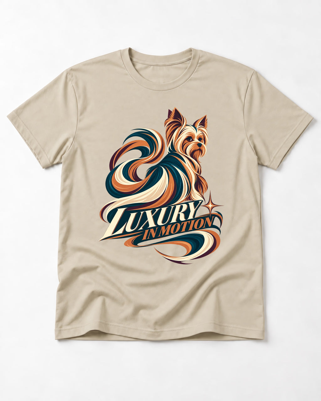 Yorkshire Terrier Luxury in Motion T-Shirt in Sand, flat lay product photo