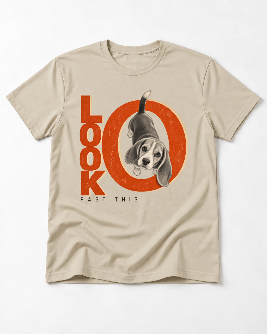 Look Past This Beagle T-Shirt in Sand, flat lay product photo