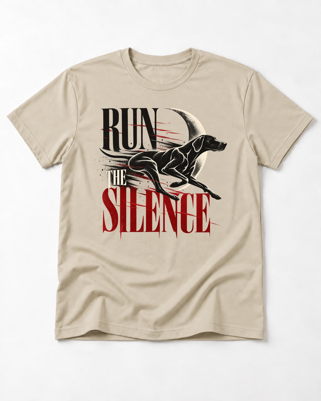 Run the Silence German Shorthaired Pointer T-Shirt in Sand, flat lay product photo