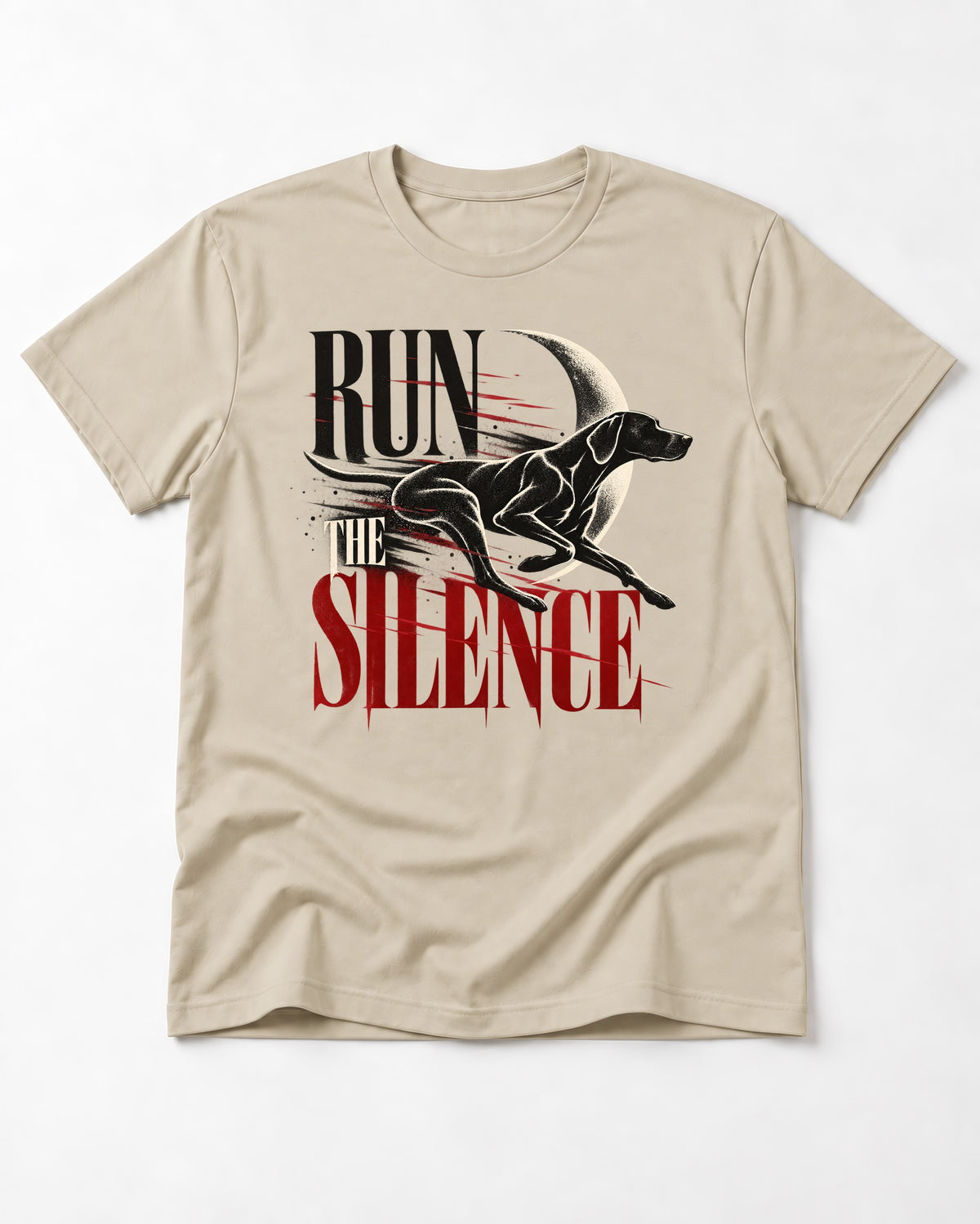 Run the Silence German Shorthaired Pointer T-Shirt in Sand, flat lay product photo