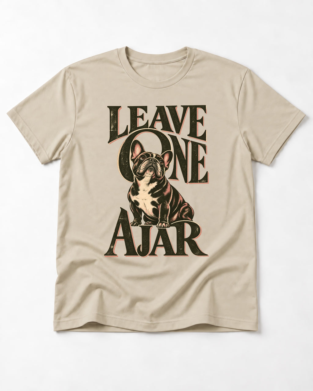 Leave One Ajar for Frenchie T-Shirt in Sand, flat lay product photo