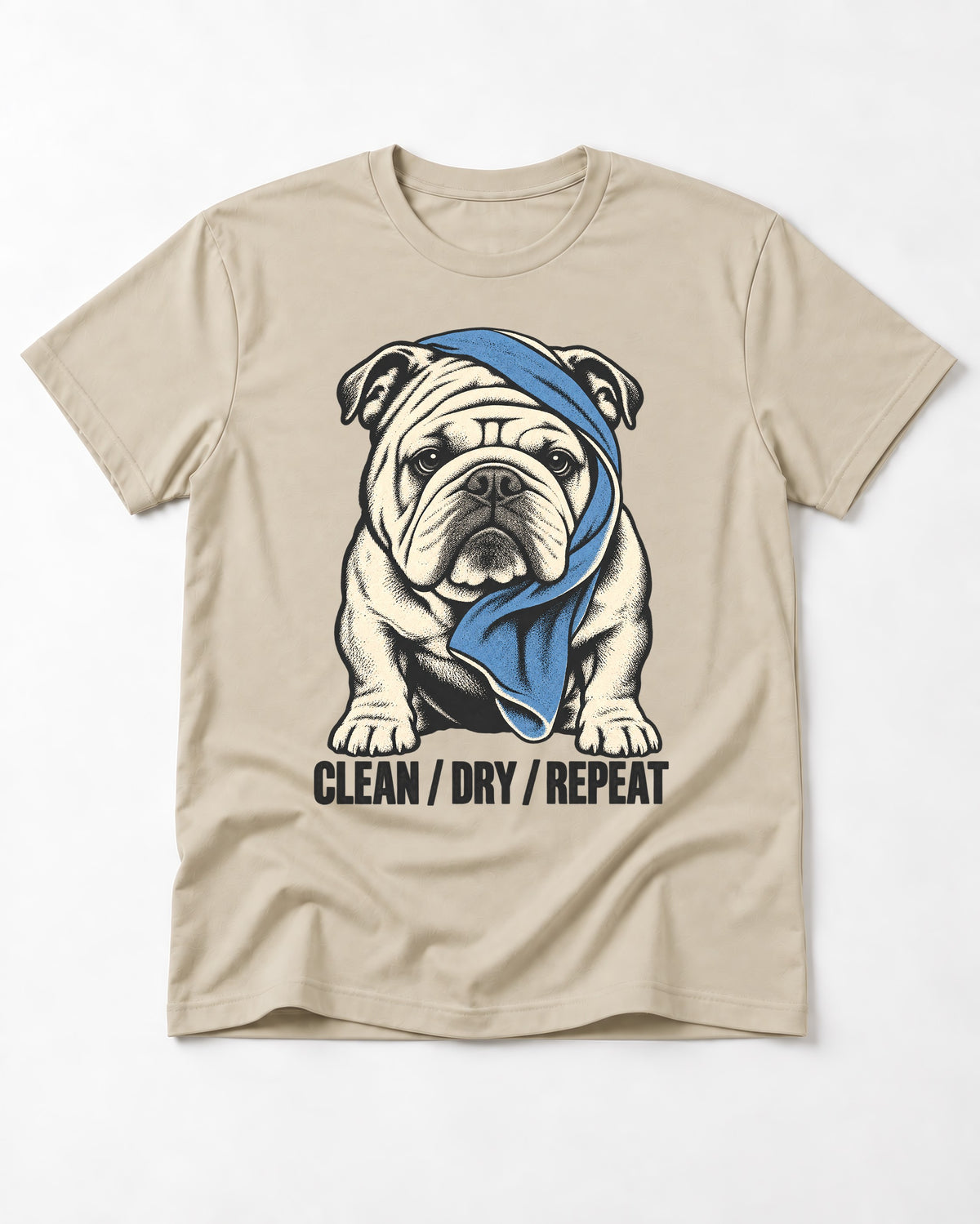 Clean Dry Repeat English Bulldog T-Shirt in Sand, flat lay product photo