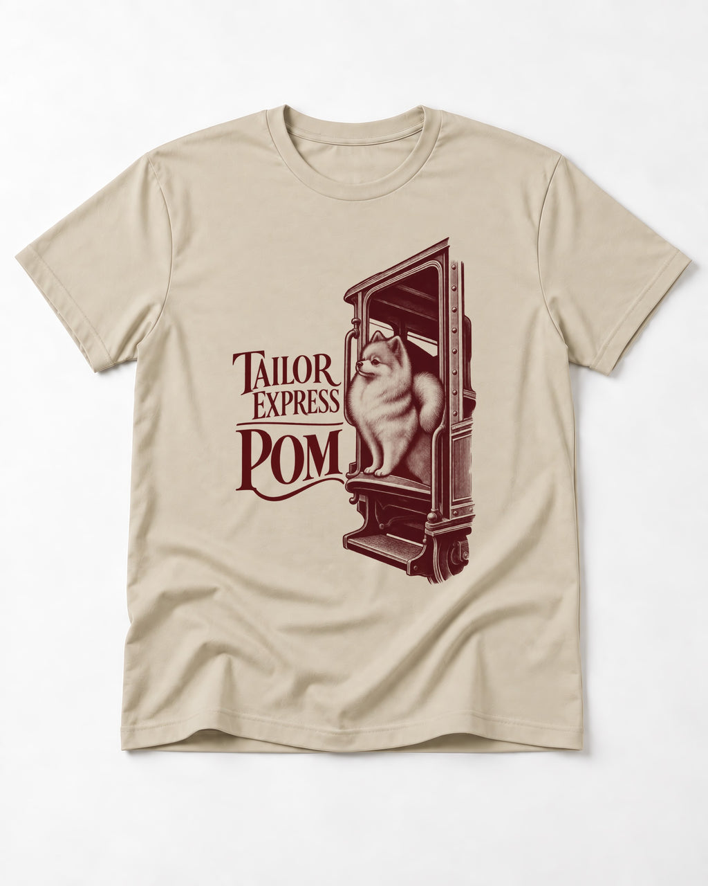 Pomeranian Express T-Shirt in Sand, flat lay product photo