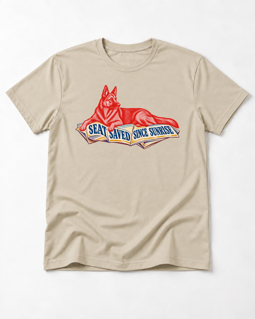 Seat Saved Since Sunrise German Shepherd Dog T-Shirt in Sand, flat lay product photo