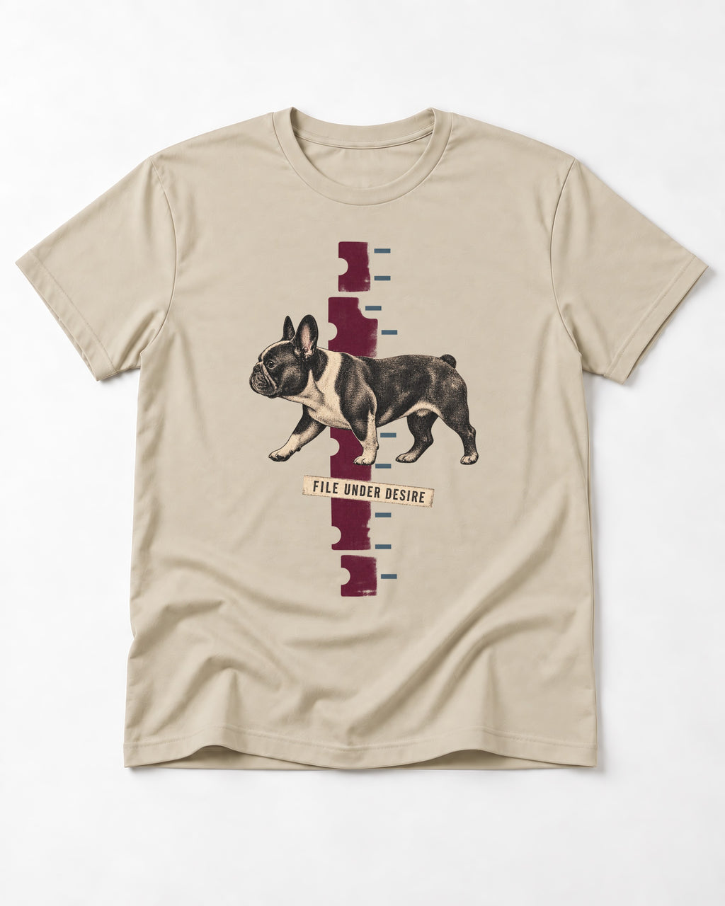 File Under Frenchie Desire T-Shirt in Sand, flat lay product photo