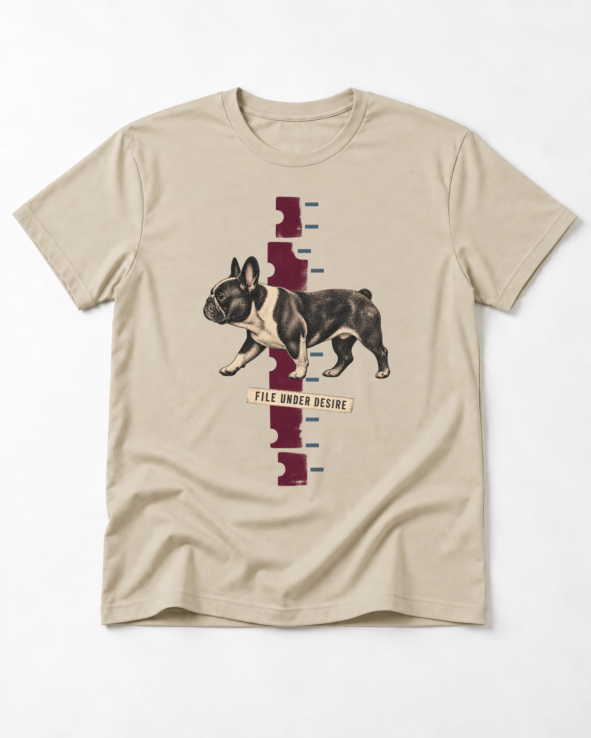 File Under Frenchie Desire T-Shirt in Sand, flat lay product photo