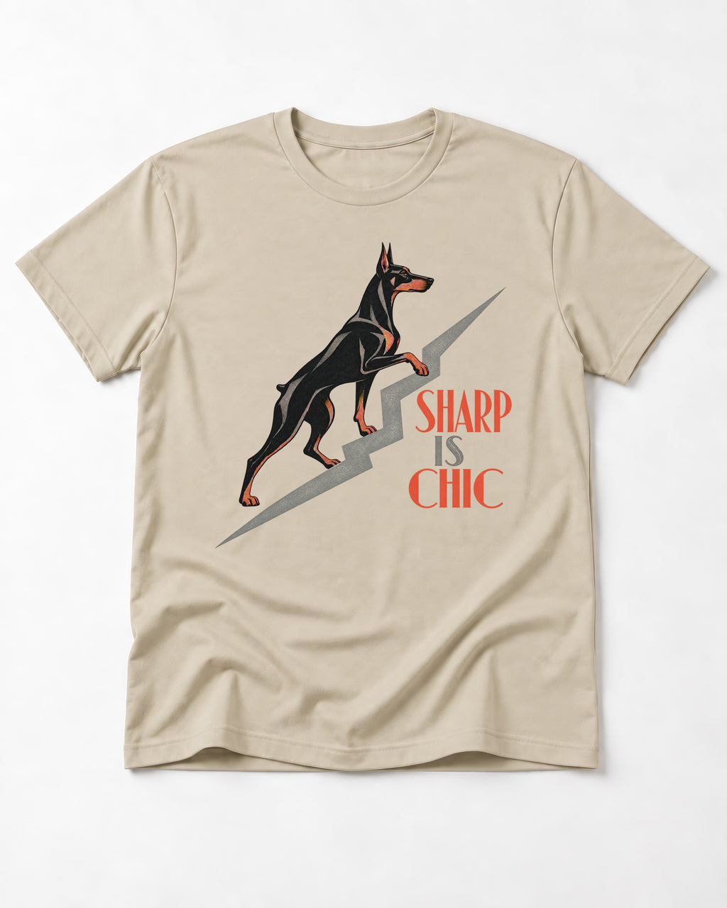 Doberman Is Chic T-Shirt in Sand, flat lay product photo