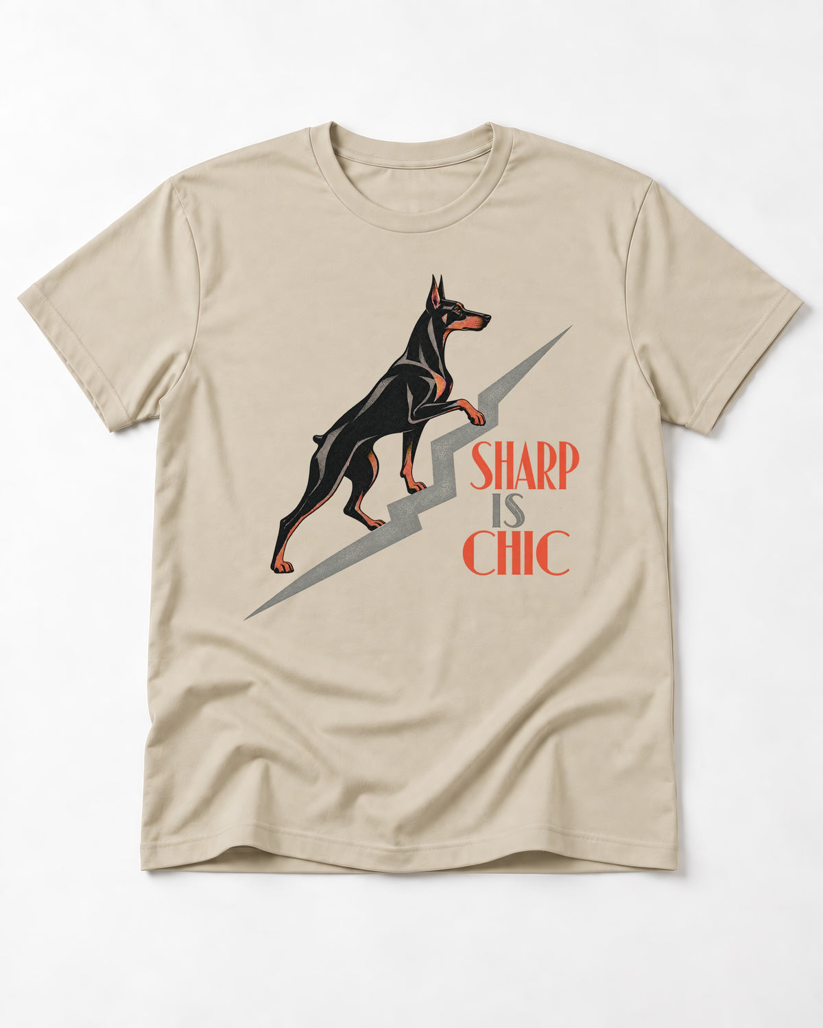 Doberman Is Chic T-Shirt in Sand, flat lay product photo
