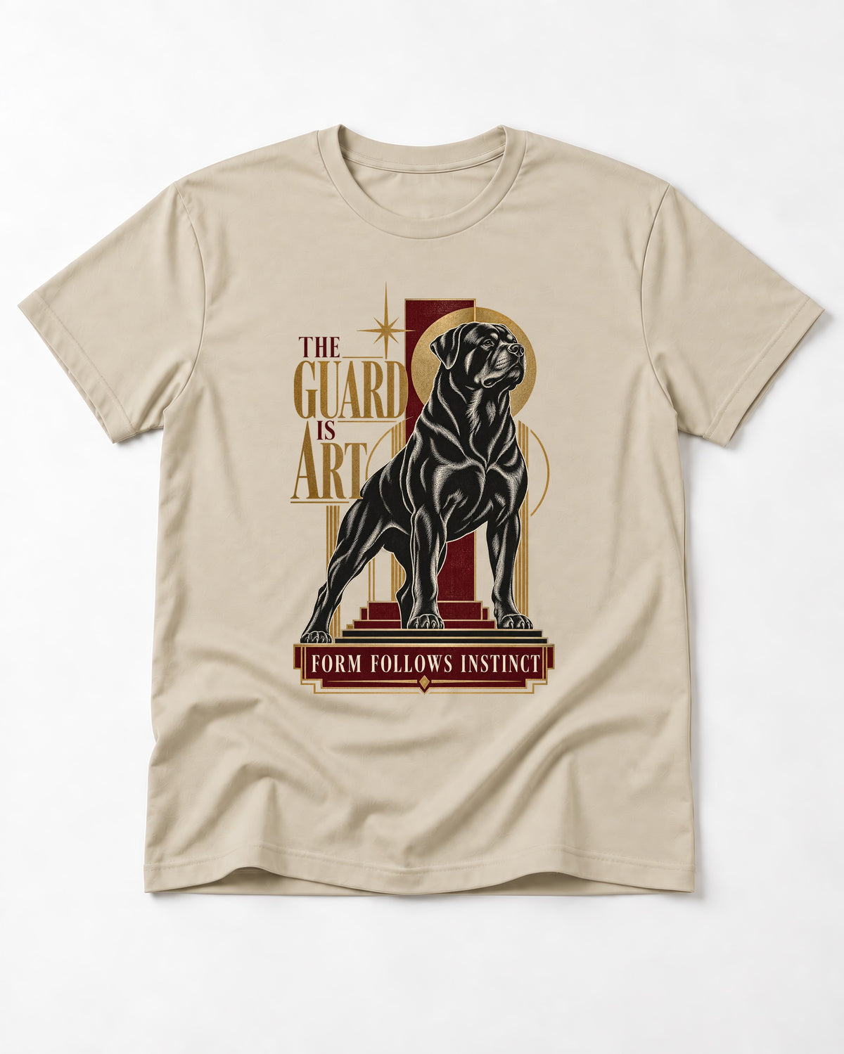 Rottweiler Form Follows Instinct T-Shirt in Sand, flat lay product photo