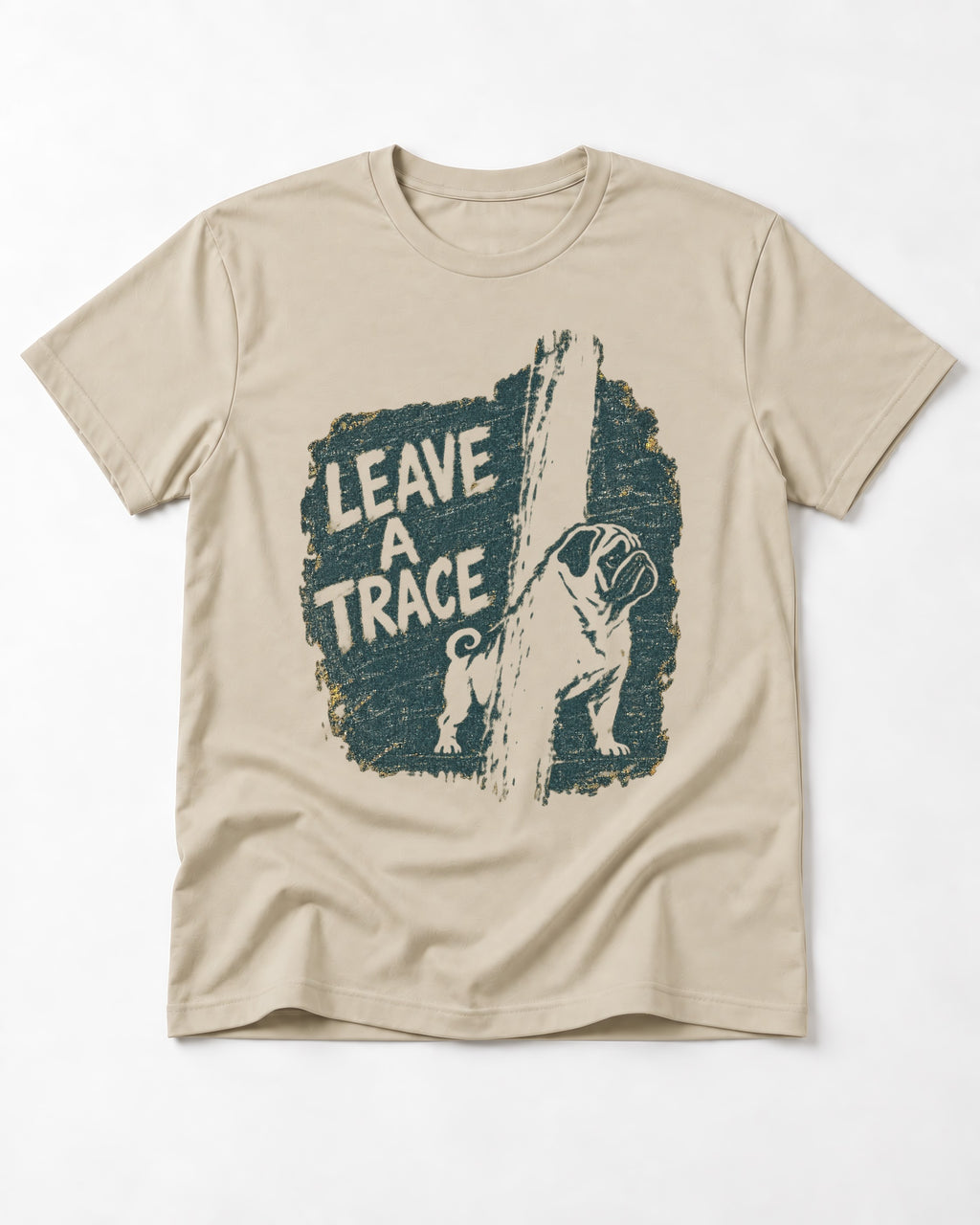 Pug Leaves a Trace T-Shirt in Sand, flat lay product photo