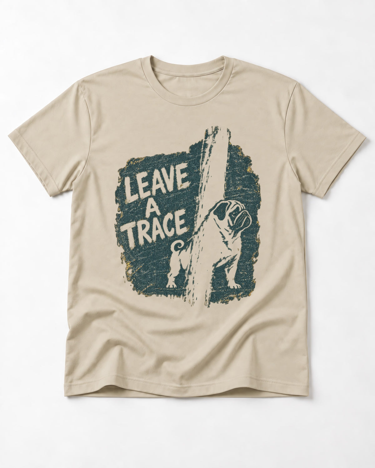 Pug Leaves a Trace T-Shirt in Sand, flat lay product photo