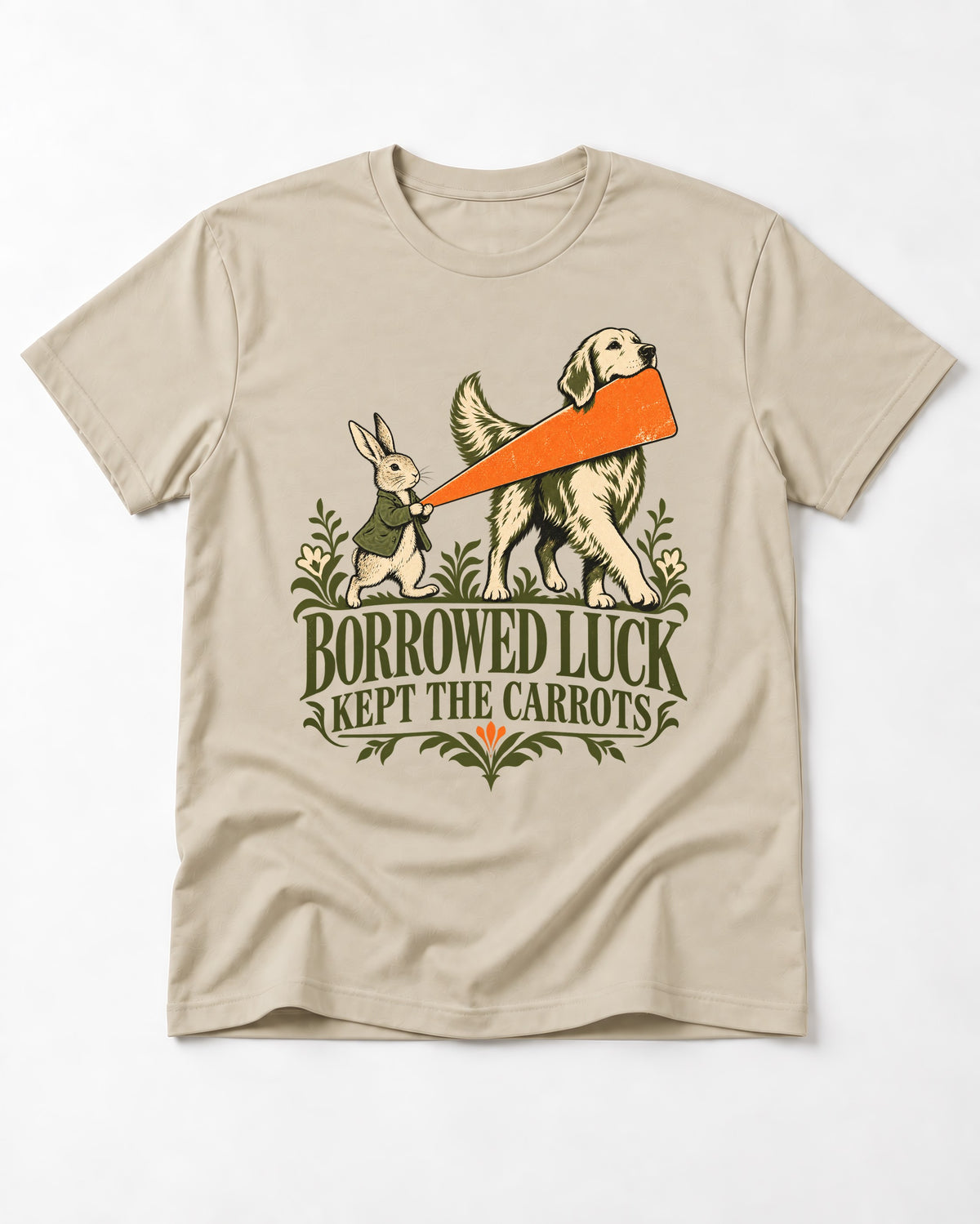 Borrowed Luck Golden Retriever T-Shirt in Sand, flat lay product photo