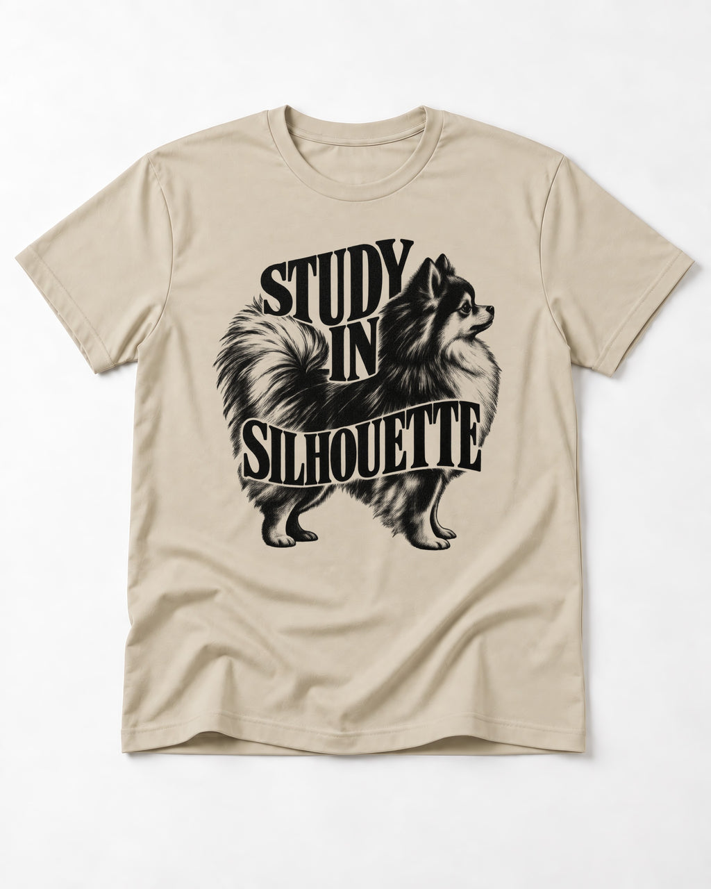 Pomeranian Study in Silhouette T-Shirt in Sand, flat lay product photo