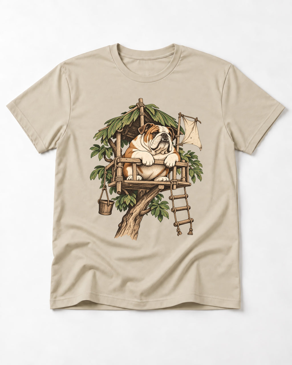 English Bulldog Above It All T-Shirt in Sand, flat lay product photo