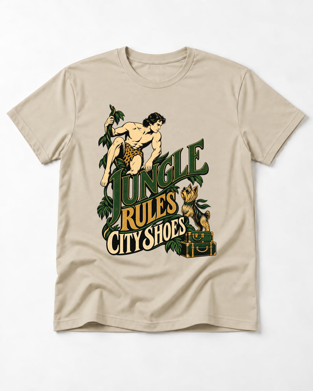 Jungle Rules City Shoes Yorkshire Terrier T-Shirt in Sand, flat lay product photo