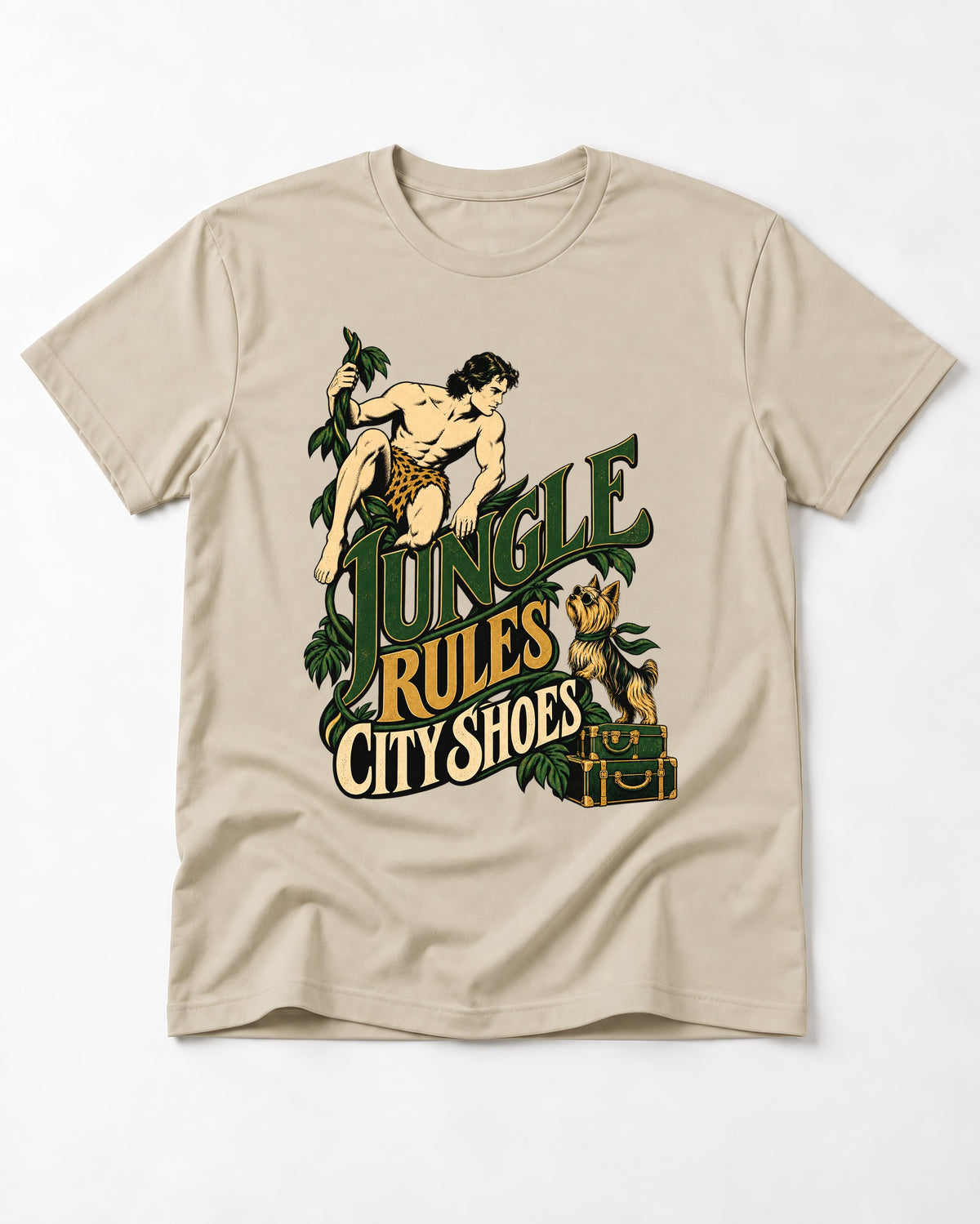Jungle Rules City Shoes Yorkshire Terrier T-Shirt in Sand, flat lay product photo