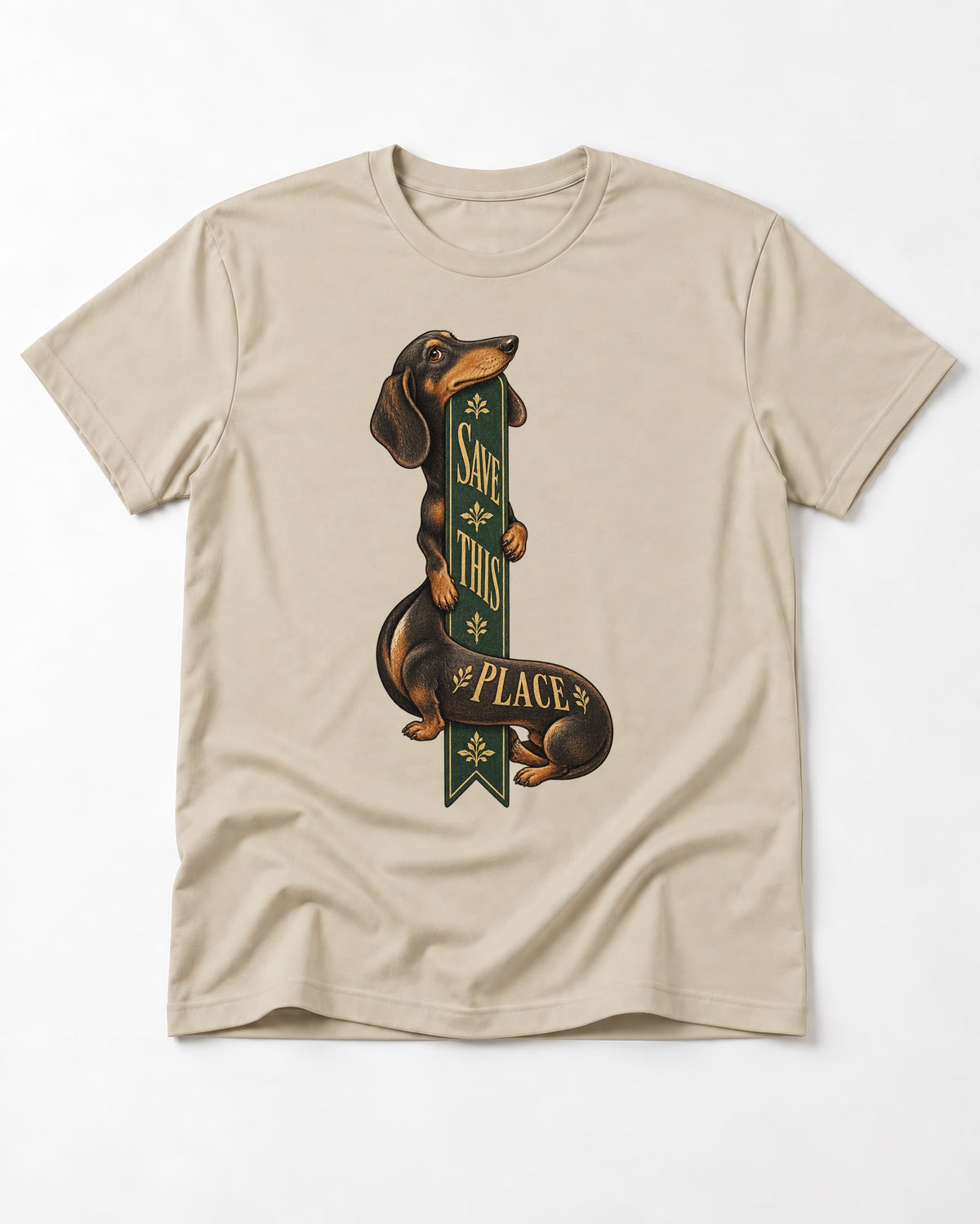 Save This Place Dachshund T-Shirt in Sand, flat lay product photo