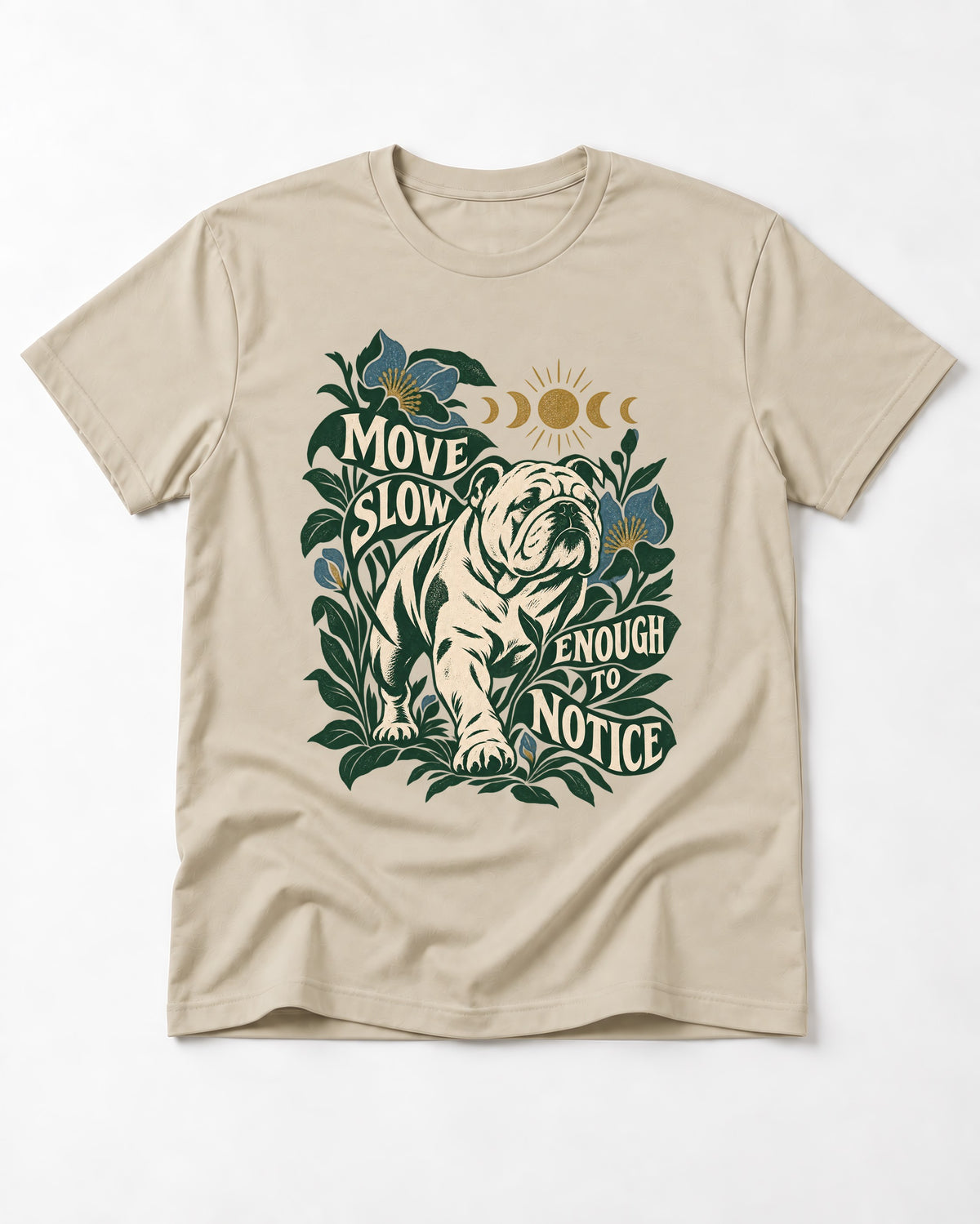 Move Slow English Bulldog T-Shirt in Sand, flat lay product photo