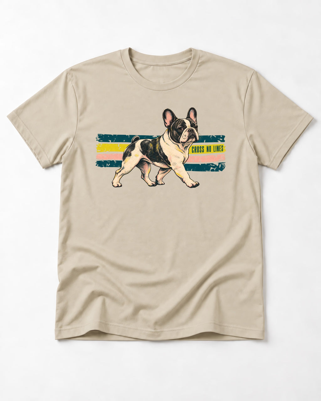 Frenchie Cross No Lines T-Shirt in Sand, flat lay product photo