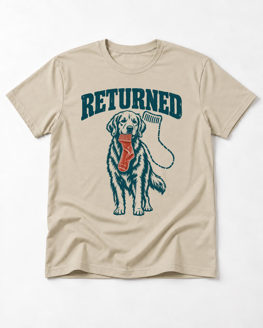 Golden Retriever Returned T-Shirt in Sand, flat lay product photo