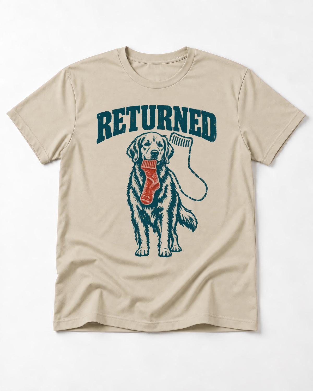 Golden Retriever Returned T-Shirt in Sand, flat lay product photo
