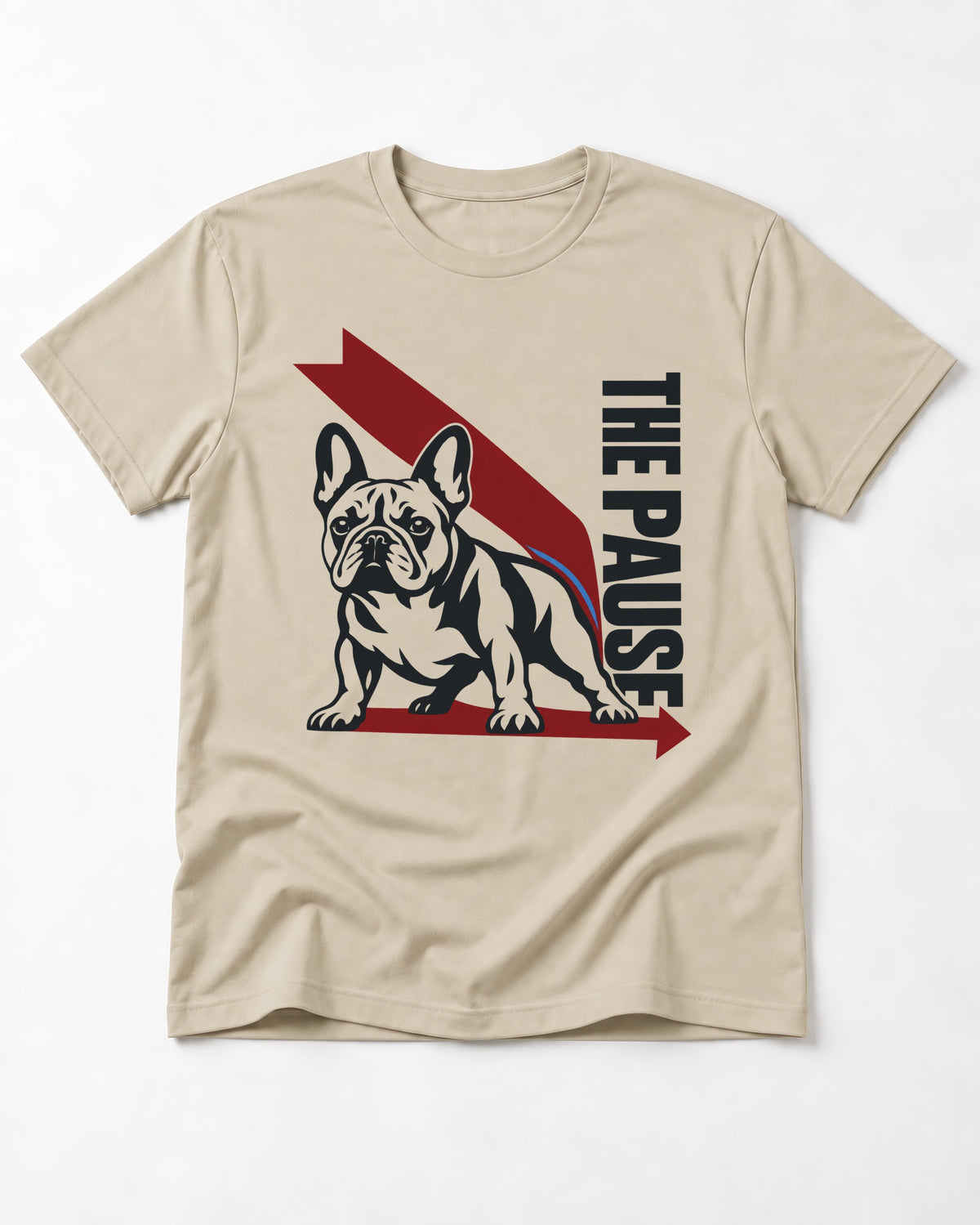 The Frenchie Pause T-Shirt in Sand, flat lay product photo
