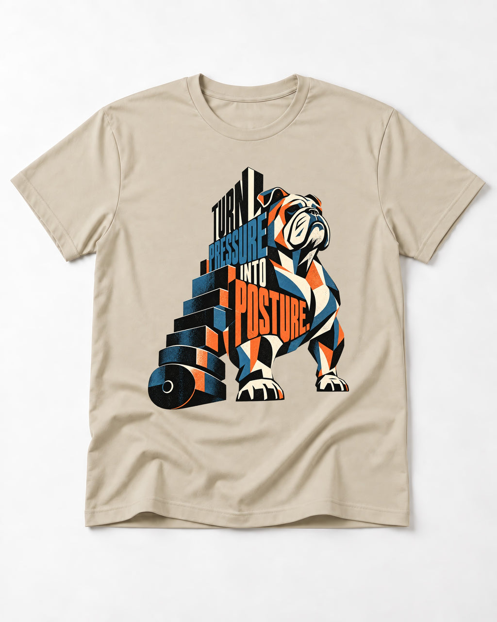 Turn Pressure Into Posture English Bulldog T-Shirt in Sand, flat lay product photo