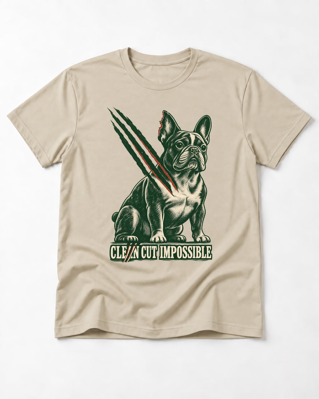 Frenchie Clean Cut Impossible T-Shirt in Sand, flat lay product photo